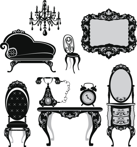 白色背景上的古董家具的剪影图片下载