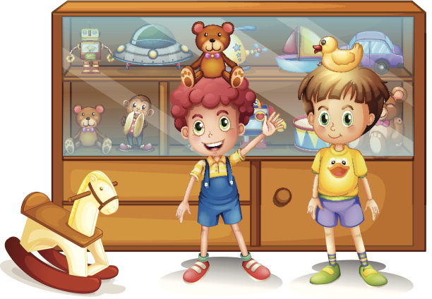 两个小男孩在一个放玩具的柜子前图片下载