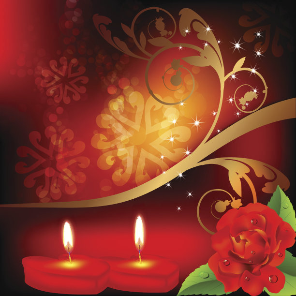 红玫瑰和两支心形蜡烛。图片下载