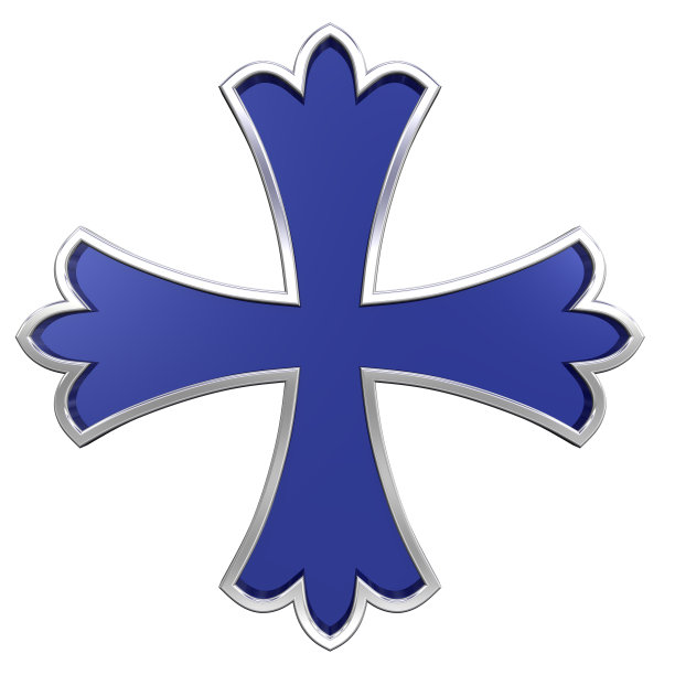 蓝色与银色框架纹章十字孤立在白色。图片下载