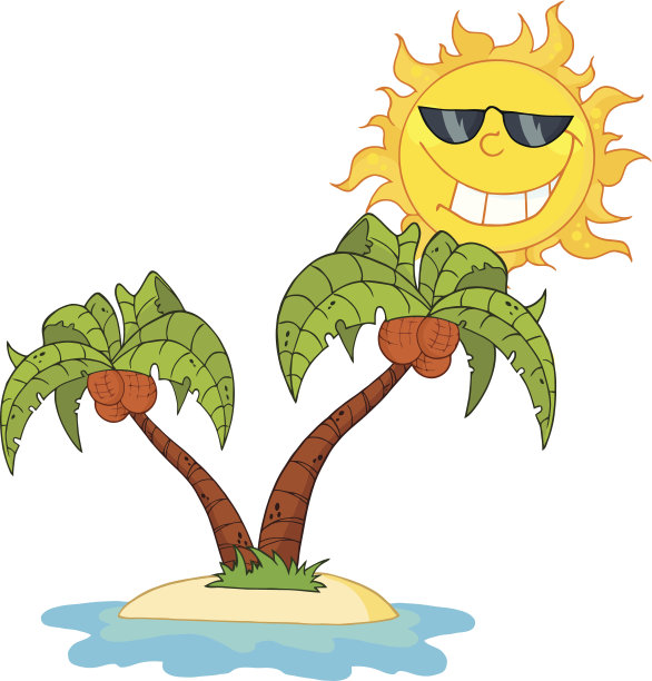 带着太阳镜和两棵棕榈树的微笑太阳图片下载