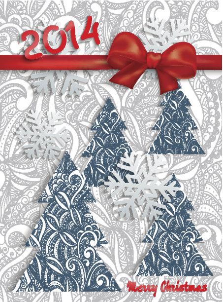 带有装饰和红色蝴蝶结的圣诞卡。图片下载