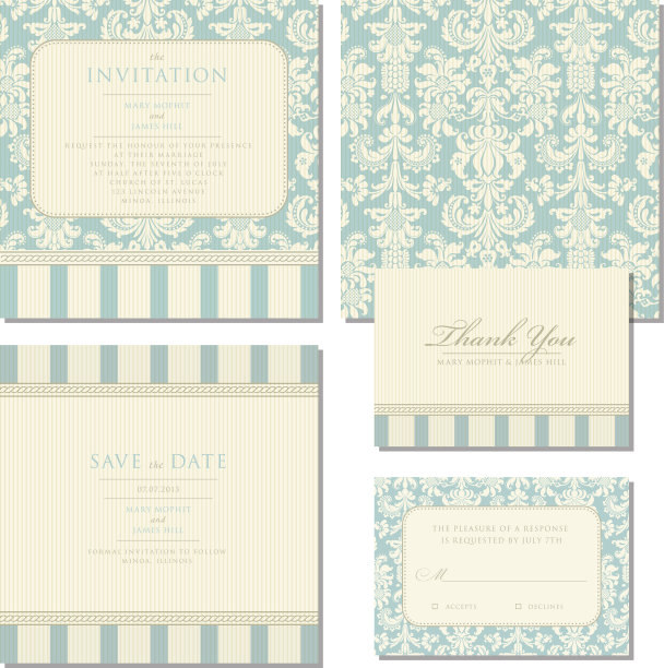 一套婚礼邀请和公告与复古的背景艺术品图片下载