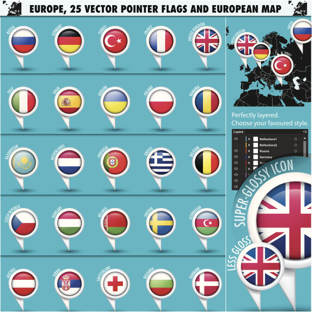 欧洲图标圆形指示牌和地图Set1图片下载