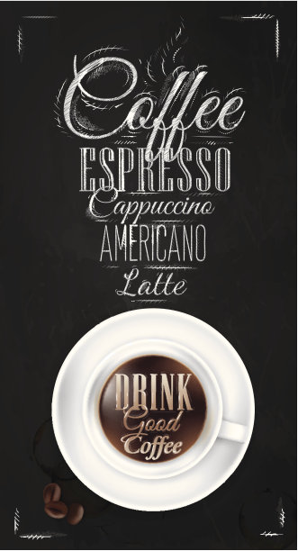 海报咖啡和粉笔在黑板上。菜单。图片下载