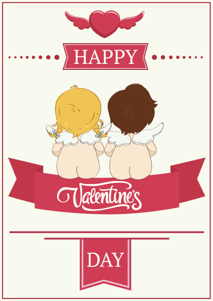 彩带上的两个天使，情人节的明信片。图片下载