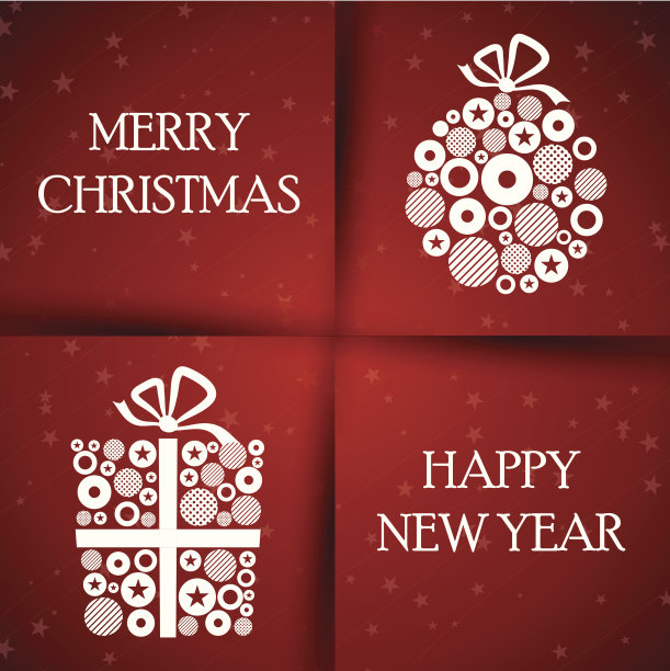 红色圣诞卡片与四个方块和点缀的礼物图片下载