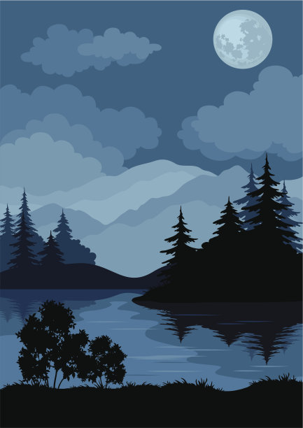 风景，树木，月亮和山脉图片下载