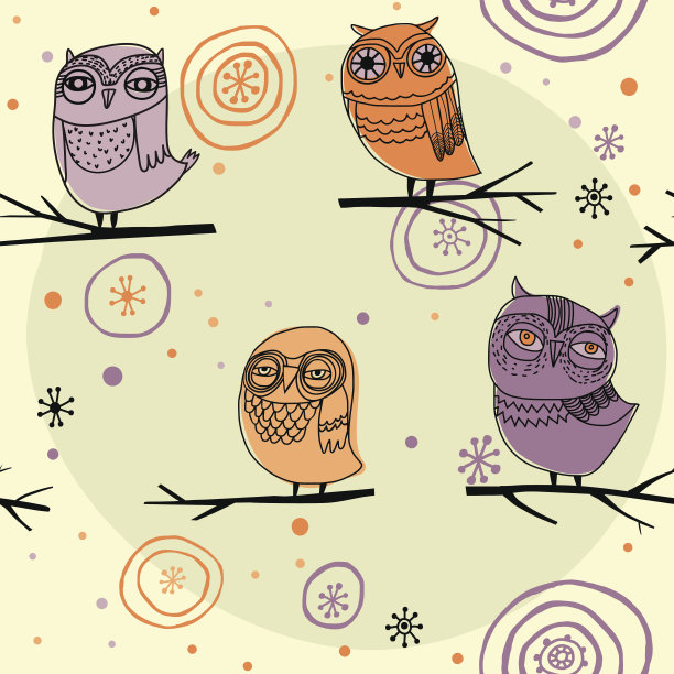 可爱的彩色花卉无缝图案与猫头鹰素材图片