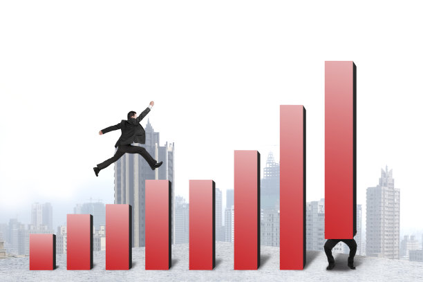 生意人跑着，跳上红色的条形图另抱一抱图片下载