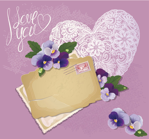 古老的明信片，漂亮的三色堇花，花边心。情人节设计。图片下载