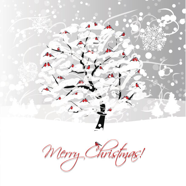 圣诞贺卡设计与冬树和红腹灰雀图片下载