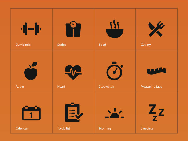 橙色背景上的健身图标。图片下载