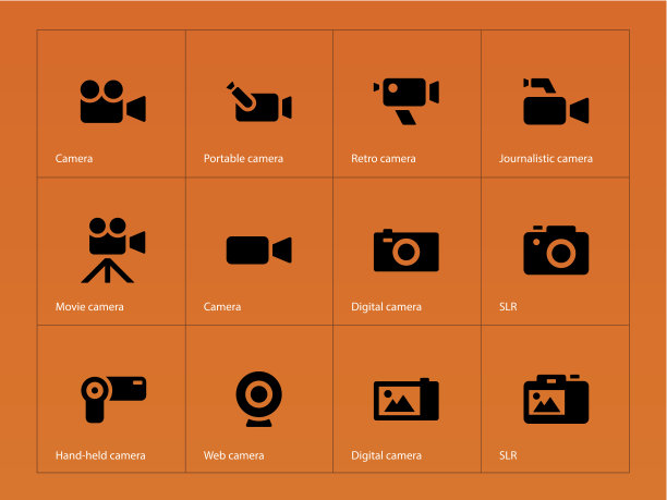 橙色背景上的相机图标。图片下载