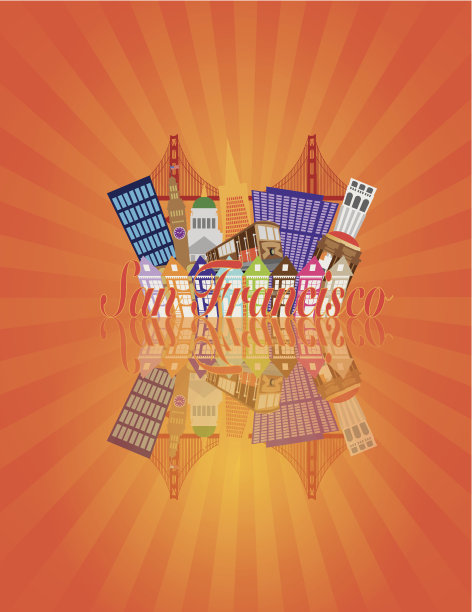 旧金山抽象天际线金门大桥阳光矢量插图图片下载