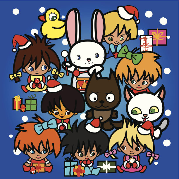 new_year”s_card_with_singing_kids_and_little_animals图片下载