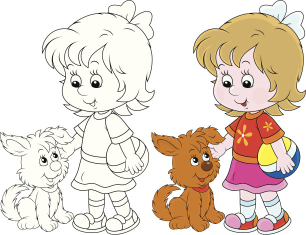 彩色和非彩色版本的女孩和小狗画素材图片