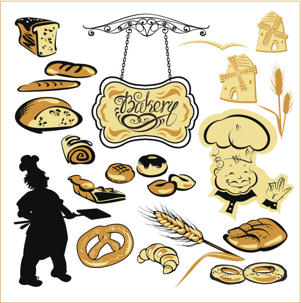 不同的面包房，招牌，磨坊和面包师的形象图片下载