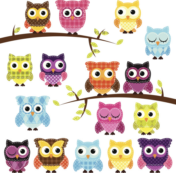 矢量集的拼接或被风格猫头鹰和分支图片下载