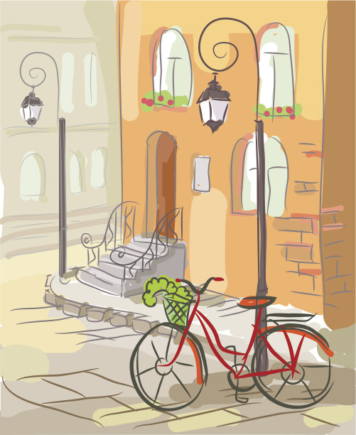 欧洲街道，有一辆自行车和灯笼图片下载
