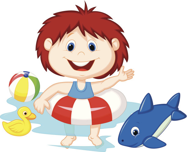 女孩卡通浮动与充气环图片下载