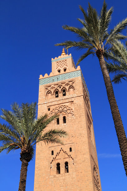 库图比亚清真寺和棕榈树，马拉喀什。图片下载