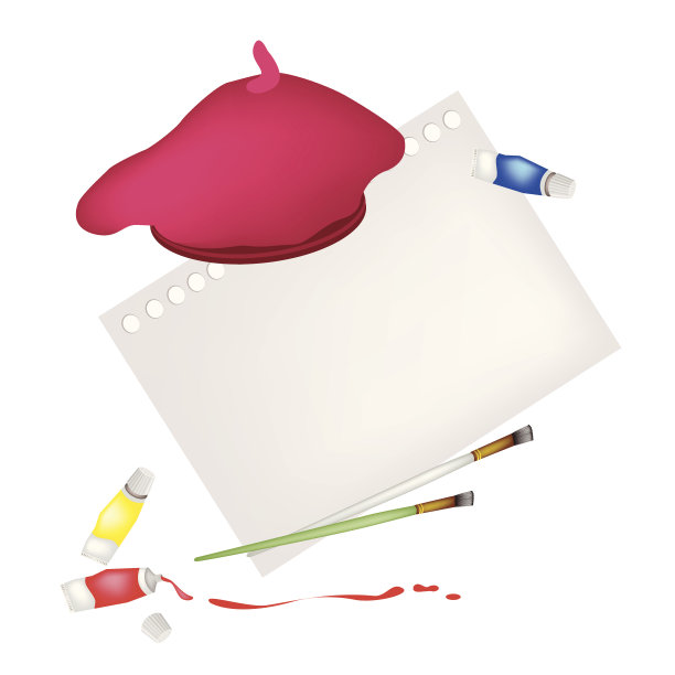 艺术家刷子和油漆管与纸贝雷帽图片下载