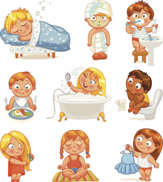 各种个人护理场景中的儿童卡通图标图片下载