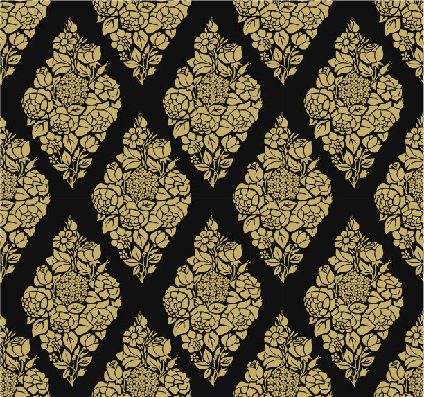 复古向量无缝背景与金色豪华玫瑰剪影图片下载