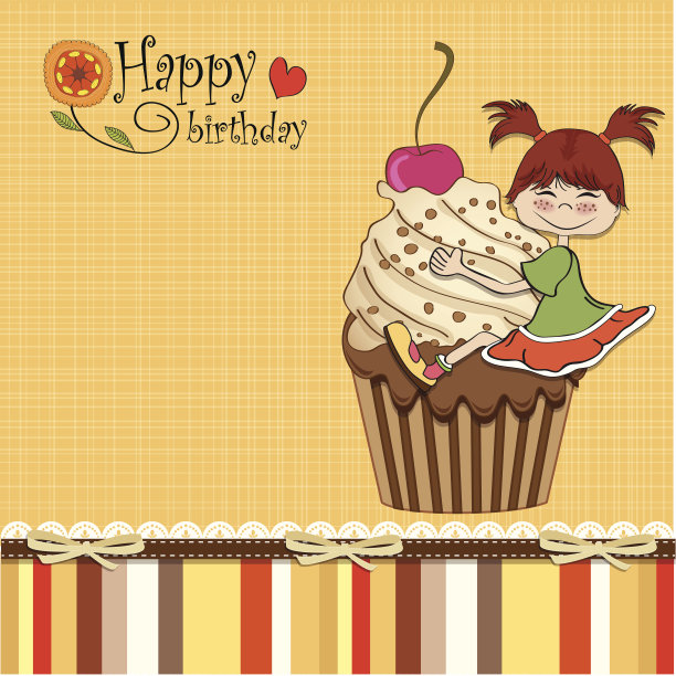 小蛋糕上有个有趣女孩的生日卡片图片下载