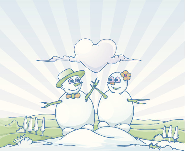 风景背景上的一对雪娃娃图片下载