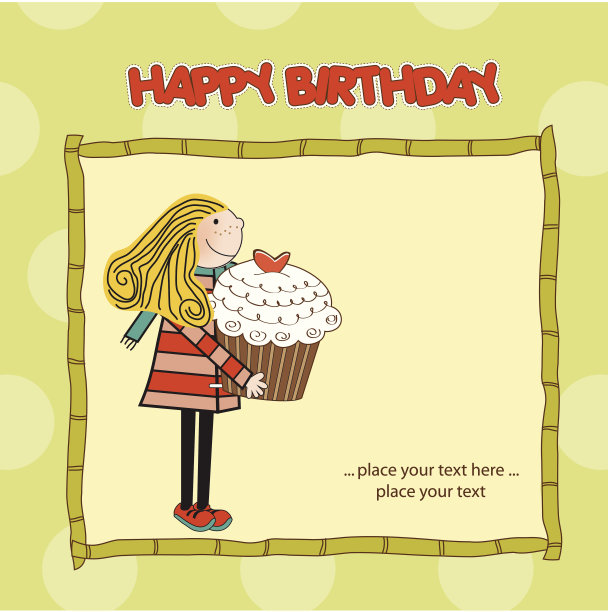 有女孩和杯子蛋糕的生日贺卡图片下载