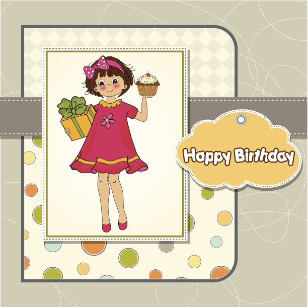 有女孩和大蛋糕的生日贺卡图片下载