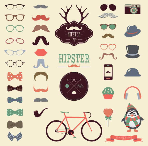 复古潮人灵感的图标集小胡子和帽子图片下载