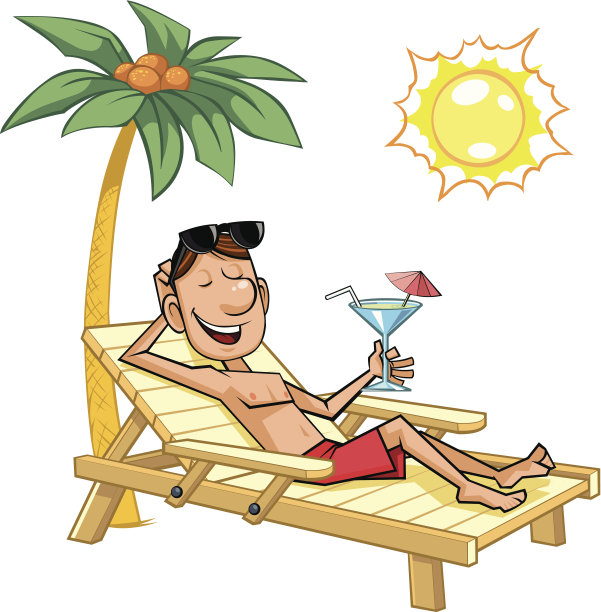 商人放松在海滩与太阳镜和饮料。图片下载