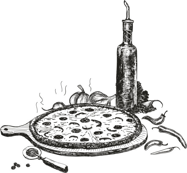 披萨和一瓶大蒜油。图片下载