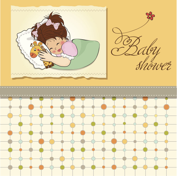 婴儿派对卡片上有小女孩和她的玩具图片下载