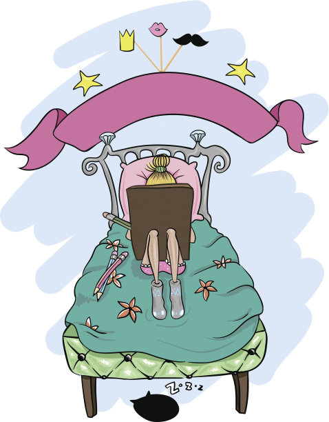 画家女孩躺在床上画画图片下载