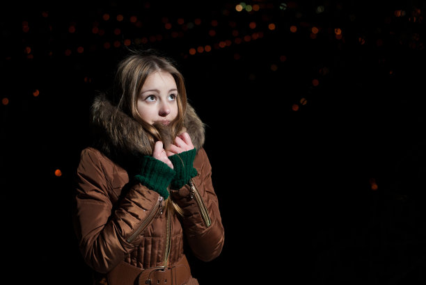 冬天里美丽的女孩，带着希望抬头仰望图片下载