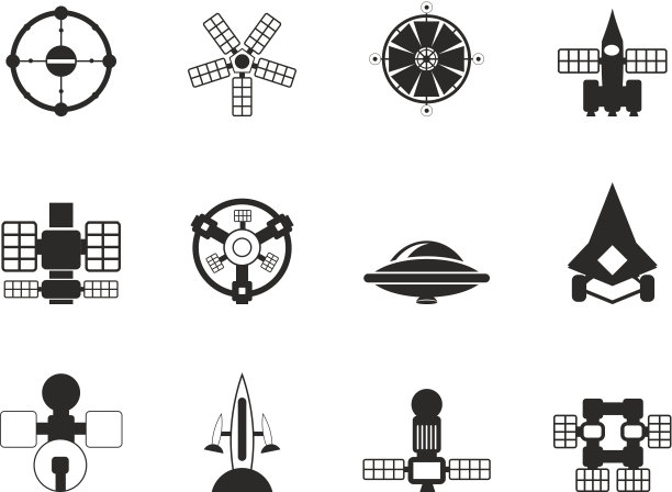 剪影不同种类的未来宇宙飞船图标图片下载