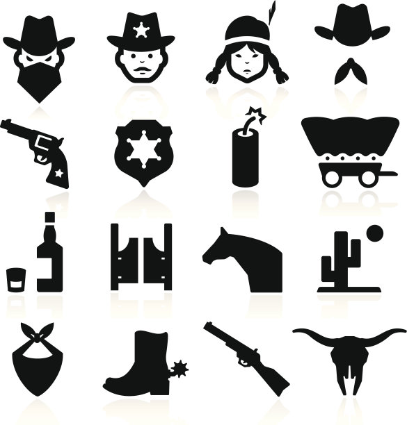 各种牛仔和西部图标的插图图片下载