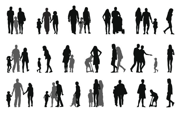 父母和孩子与婴儿车剪影矢量插图图片下载