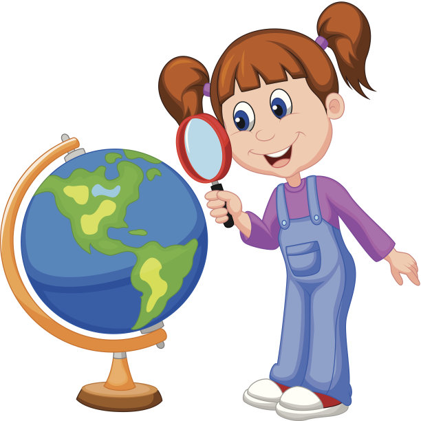 卡通女孩用放大镜看地球仪图片下载