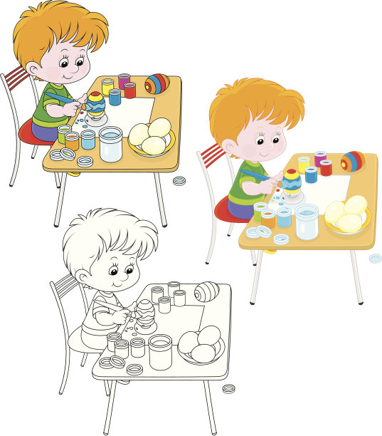 卡通男孩在书桌上画复活节彩蛋图片下载