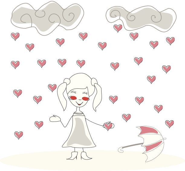 涂鸦女孩带着伞下着雨的心向量图片下载