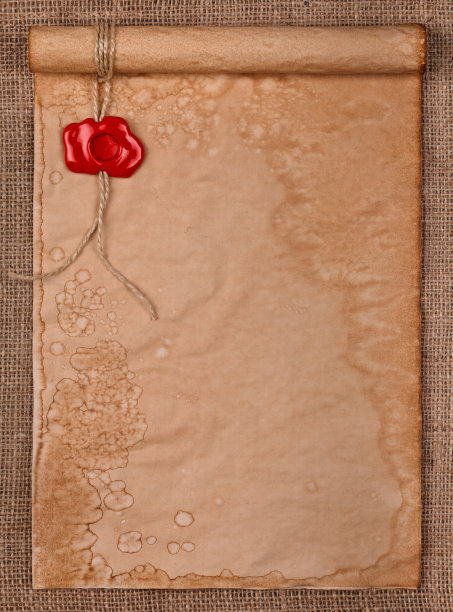 羊皮纸与蜡印章在粗麻布图片下载