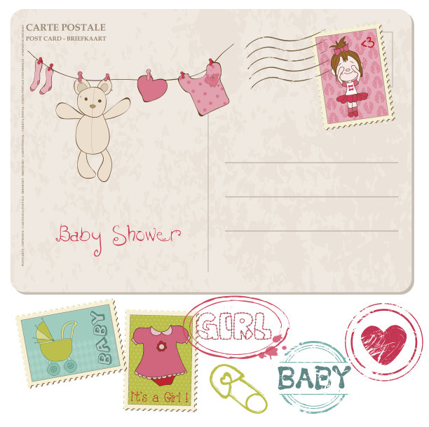 带邮票的婴儿沐浴卡模板图片下载