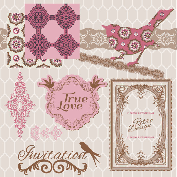 剪贴簿设计元素-复古瓷砖和鸟类图片下载