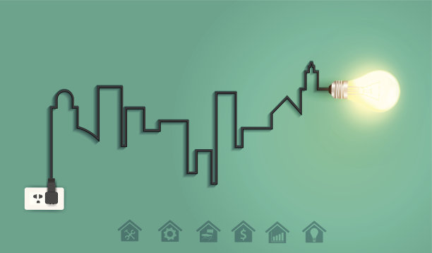 向量城市景观与创意线灯泡的想法概念图片下载