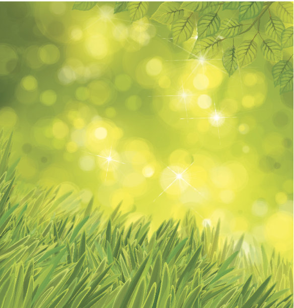 矢量绿色的叶子和草在阳光的背景。图片下载